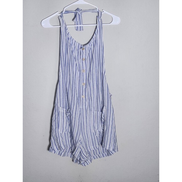 Xhilaration Pants - Xhilaration Womens L Blue White Striped Romper Button Tie Sleeveless Pockets